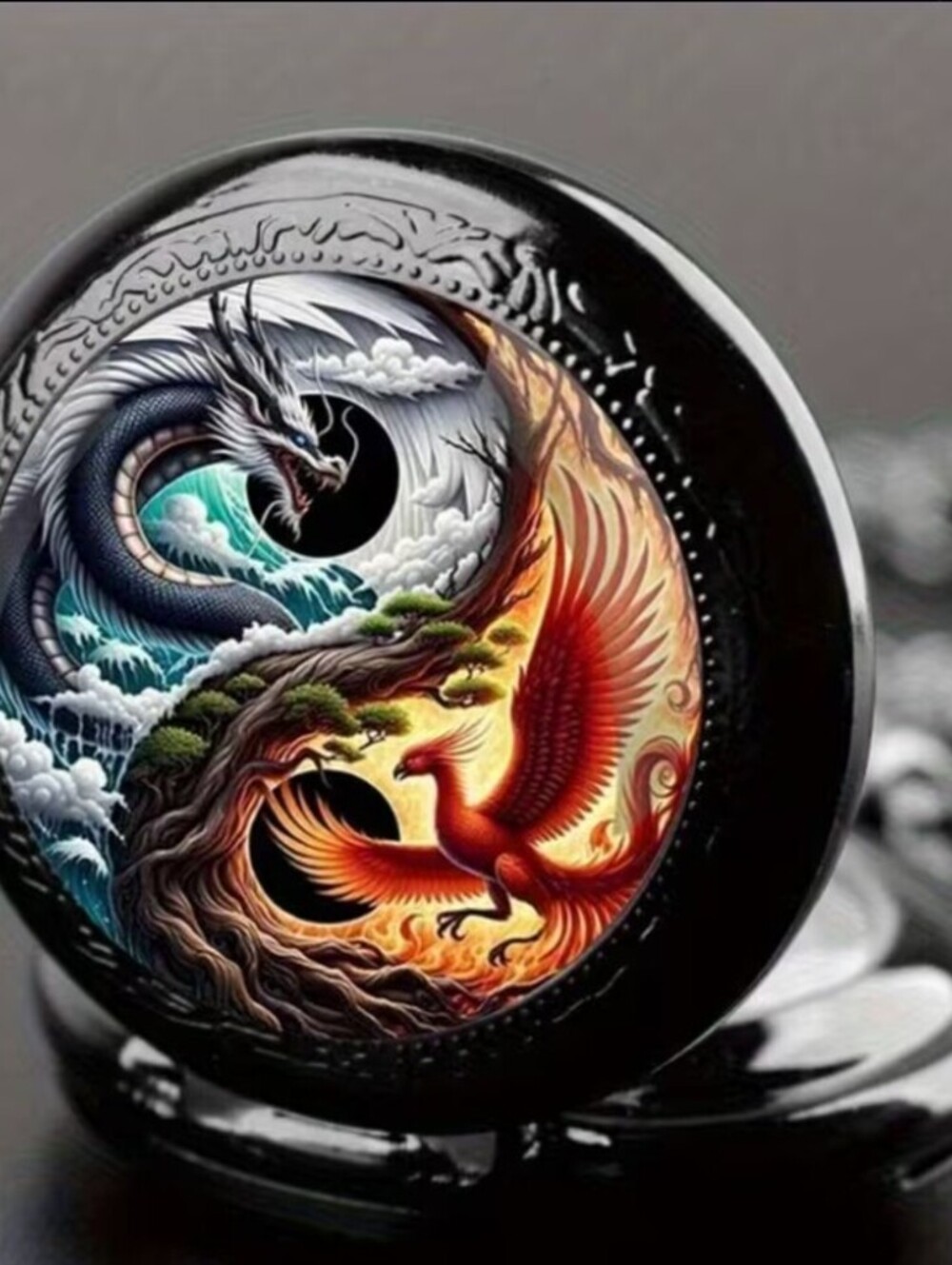Vintage Style Yin Yang Dragon and Phoenix Pocket Watch Necklace